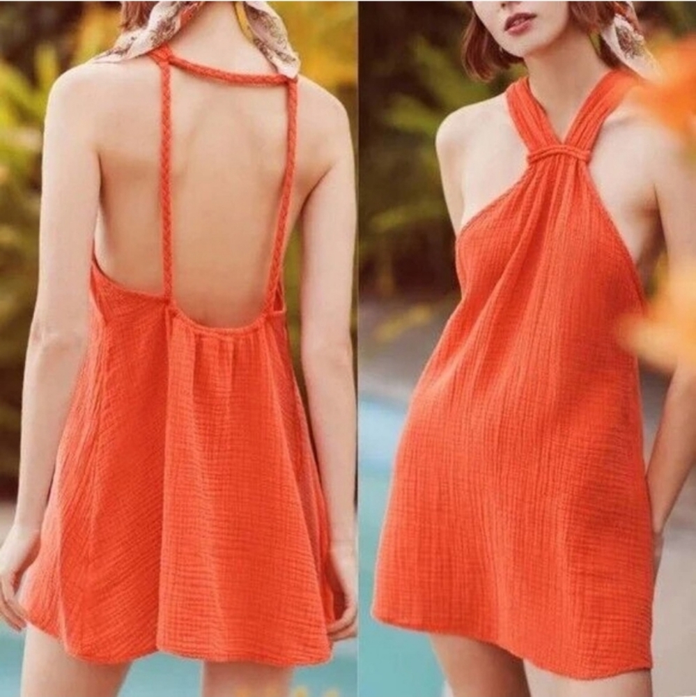 Anthropologie braided halter mini dress, orange swim suit cover up, size L NWT